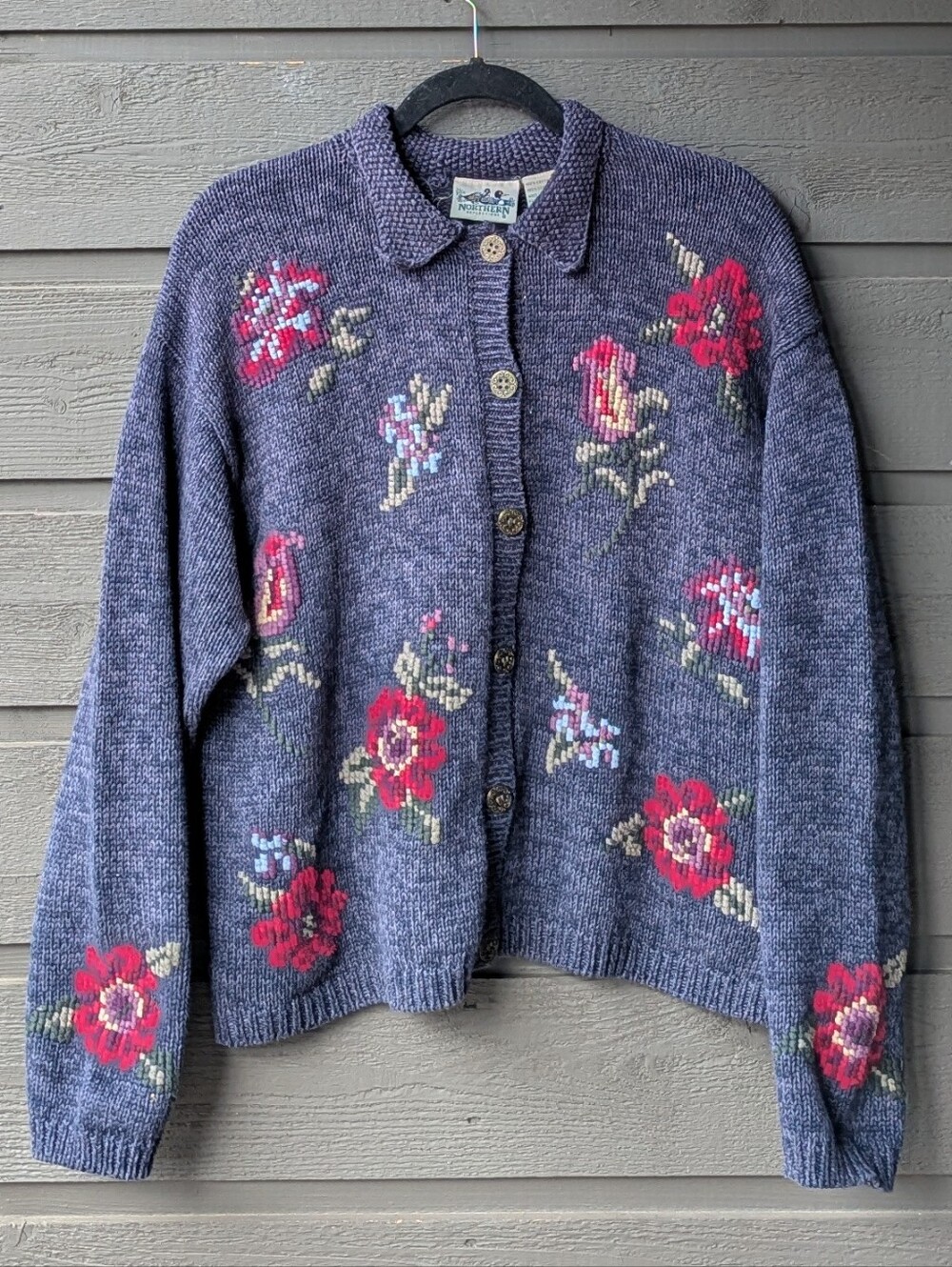 VTG 80s Northern Reflections Blue Floral Button-Up Knit Sweater Cardigan Large